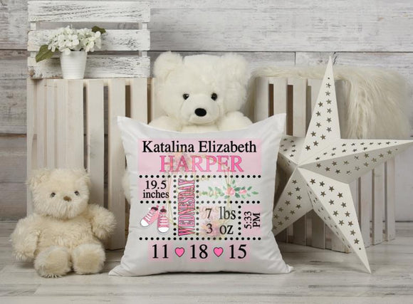 Personalized Pink Tennis Shoe Birth Stats Pillow